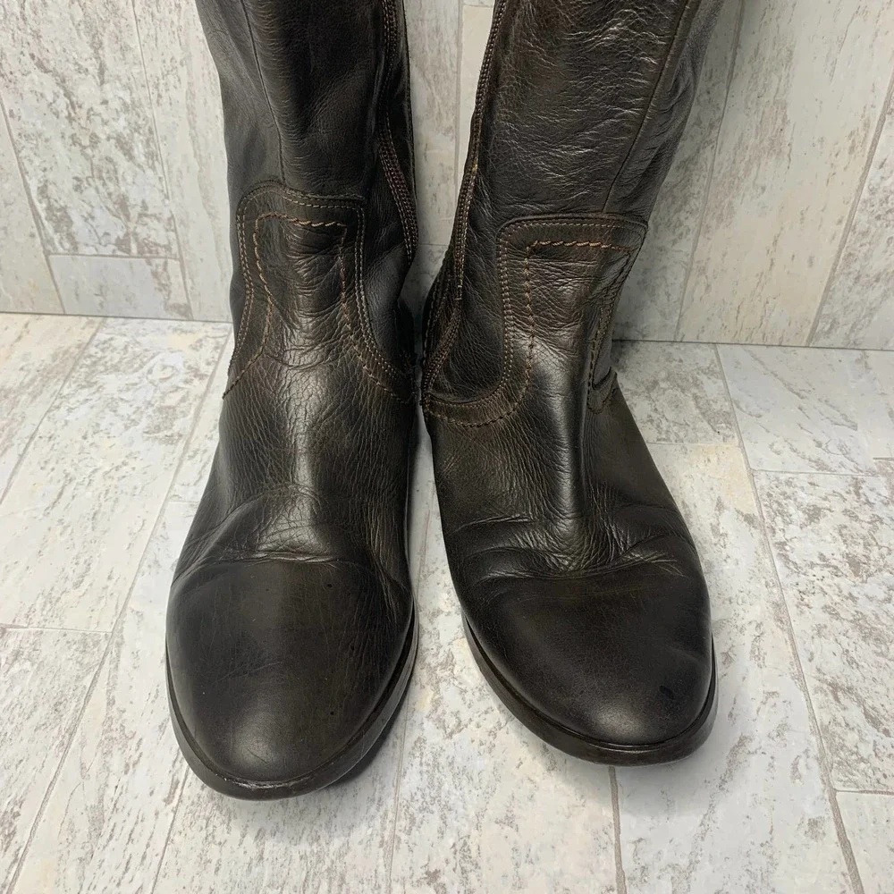 Mally Tall Riding Boots Women Size 41 Brown Leather Closed Toe Low Heel Side Zip
